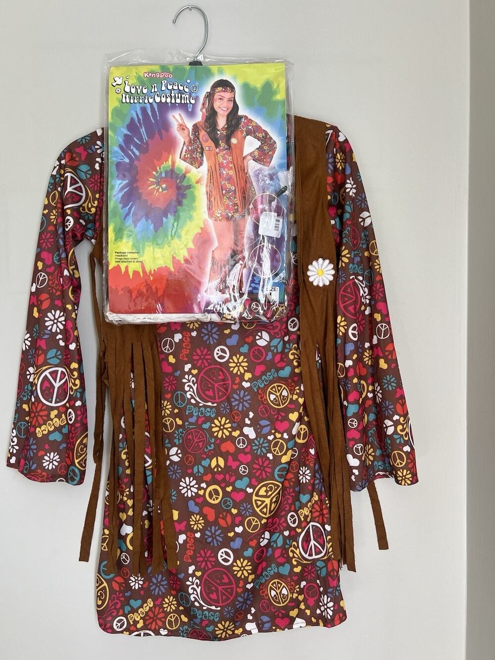 Youth Hippie Outfit Multicolor Dress Brown Fringe Vest Headband Extras Inc